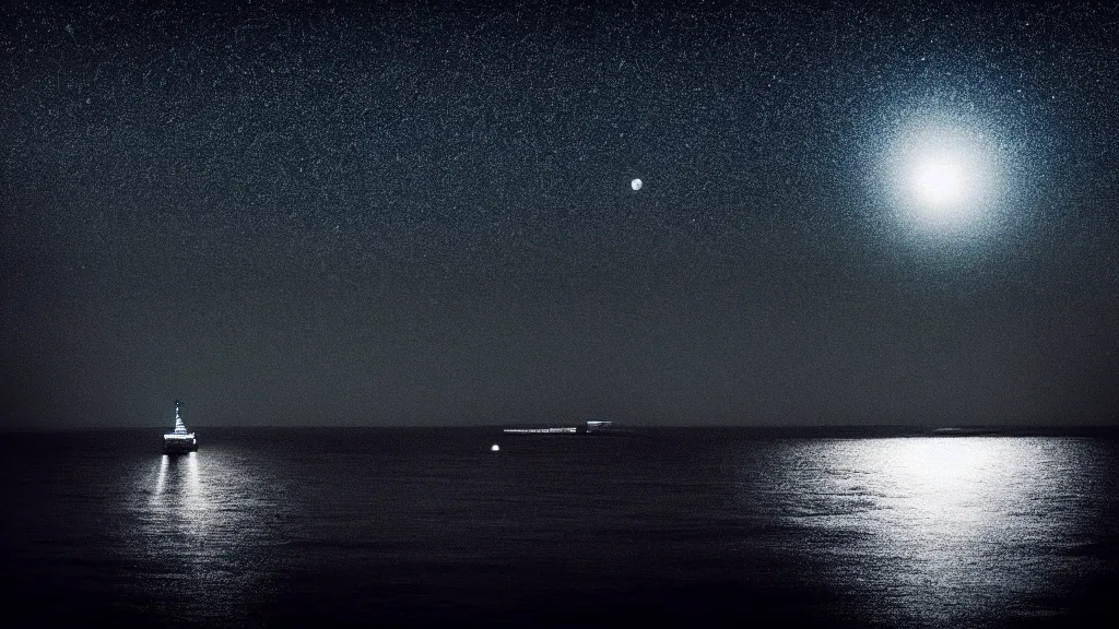 Prompt: a distant ferry sailing through a deep black ocean made of stars. Ethereal lighting. Nighttime setting with the moon reflecting off the water