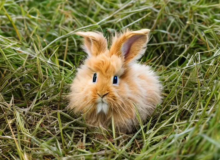 Prompt: a closeup, 4 5 mm, detailed photograph of real lionhead dwarf bunny rabbit in grass land, beautiful low light, 4 5 mm, by franz lanting