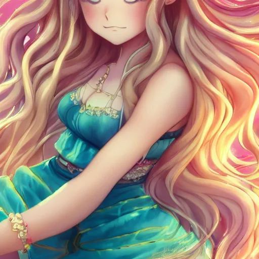 Prompt: a very beautiful anime style princess, full body, long braided curly blonde hair, twisted braids, golden watery eyes, full round face, short smile, pale pink bikini, serene beach setting, cinematic lightning, medium shot, mid-shot, highly detailed, trending on artstation, Unreal Engine 4k, cinematic wallpaper by Stanley Artgerm Lau, WLOP, Rossdraws, James Jean, Andrei Riabovitchev, Marc Simonetti, and Sakimichan