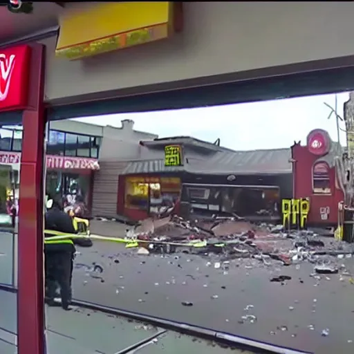 Prompt: cctv footage of a helicopter crashing into a McDonald's store.