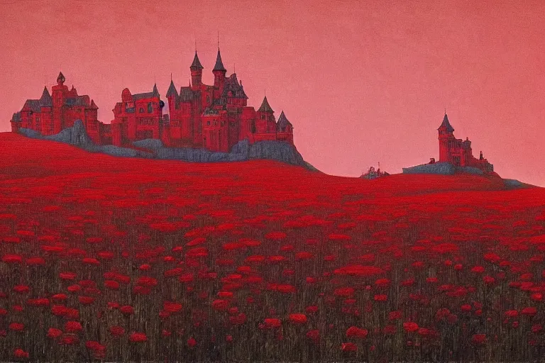 Image similar to only with red, red flowers of different types, red castle in background, red medieval goblins, in the style of beksinski, parts by edward hopper, parts by rodcenko, parts by yue minjun, intricate and epic composition, red by caravaggio, insanely quality, highly detailed, masterpiece, red light, artstation, 4 k