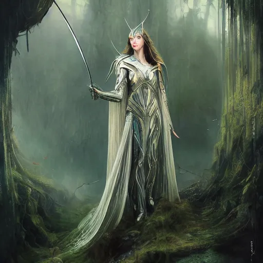 Image similar to Gorgeous Galadriel in armour standing in a fantastical machine forest, highly detailed, half fractal face, cinematic, 8k, by Stanley Artgermm, Tom Bagshaw, Greg Rutkowski, Carne Griffiths, Ayami Kojima, Beksinski, Giger, trending on DeviantArt, hyper detailed, full of color, digital art,