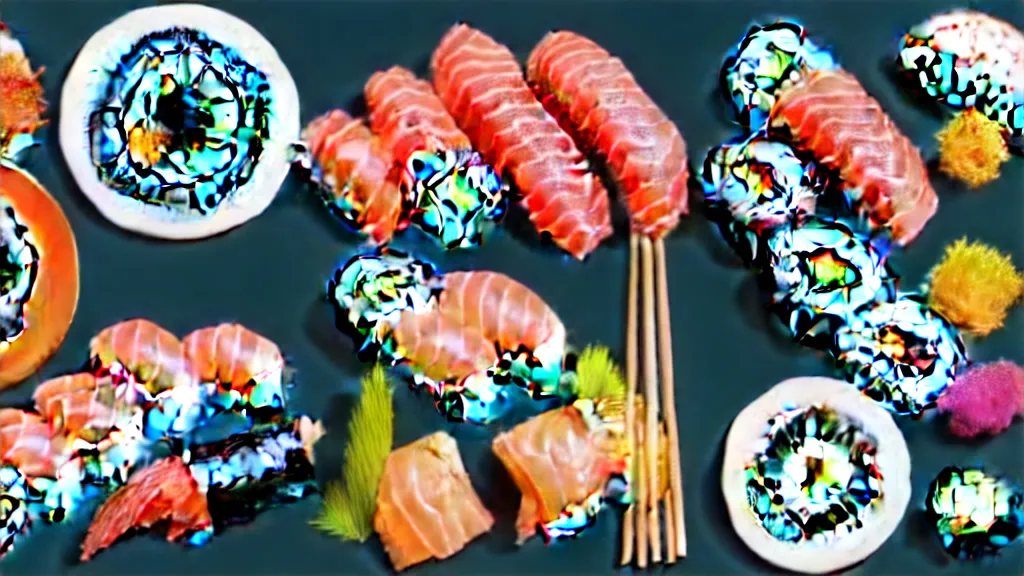 Prompt: a selection of single sushi platters, several items in an array, japan, a collage painting, in the style of wes anderson, lola dupre, david hockney, isolated on negative white space background dark monochrome neon spraypaint accents volumetric octane render