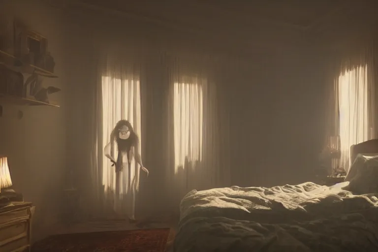 Image similar to vfx movie scene sleep paralysis night, a monster outside the extravagant bedroom window, natural lighting by emmanuel lubezki