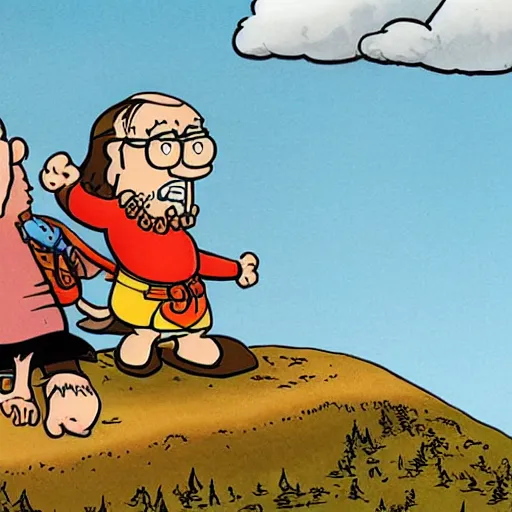 Image similar to groo the wanderer and rufferto in an epic pose on top of a mountain illustration by sergio aragones