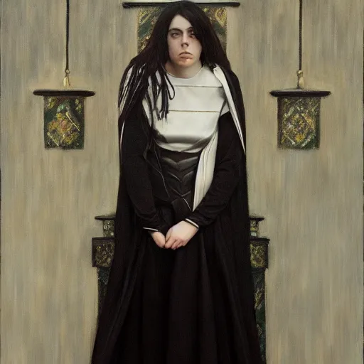 Image similar to Billie Eilish as female loki, oil on canvas, noir, trending on artstation, by Ian Sprigger and Edmund Blair Leighton and Charlie