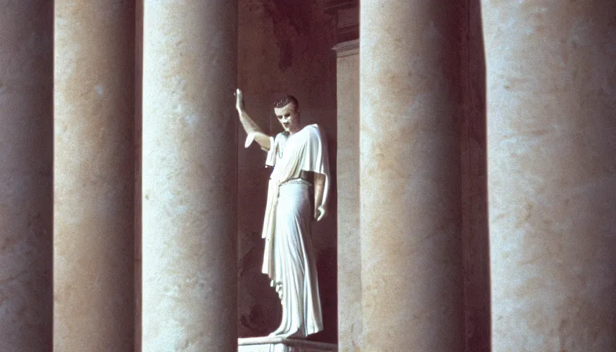 Image similar to 1 9 6 0 s movie still close - up of caligula in a white toga bleeding to death on marble stairs, cinestill 8 0 0 t 3 5 mm, high quality, heavy grain, high detail, dramatic light, anamorphic