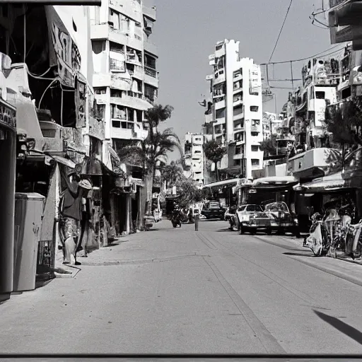 Prompt: Tel Aviv street in the 1980s, film photography