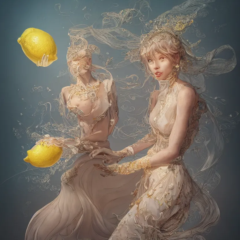 Image similar to the portrait of one sensual lemon personified as an absurdly beautiful, graceful, elegant, sophisticated, young woman made, an ultrafine hyperdetailed illustration by kim jung gi, irakli nadar, intricate linework, bright colors, octopath traveler, final fantasy, unreal engine 5 highly rendered, global illumination, radiant light, detailed and intricate environment