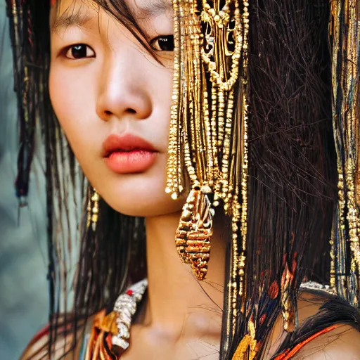 Image similar to portrait of a stunningly beautiful alluring asian tribal female, depth of field, zeiss lens, detailed, symmetrical, centered, fashion photoshoot, by Annie Leibovitz and Steve McCurry, David Lazar, Jimmy Nelsson, Breathtaking, 8k resolution, extremely detailed, beautiful, establishing shot, artistic, hyperrealistic, beautiful face, octane render