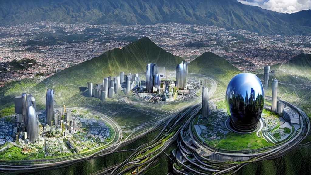 Image similar to Epic Giant Nuclear power Shines gracefully over the techno, city, nature hybrid mountain valley of Quito, Ecuador; by Oswaldo Moncayo and Vincent Callebaut; Art Direction by James Cameron;