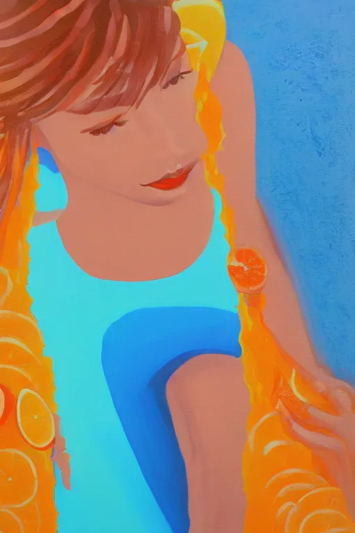 Image similar to a Acrylic painting of a girl ,summer ,water,wave , orange and orange slices,blue theme and Yellow accents,Colour composition by Kenya Hara