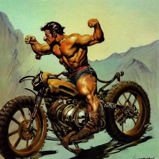 Image similar to into glory ride, artwork by Frank Frazetta, motorcycle, muscular man