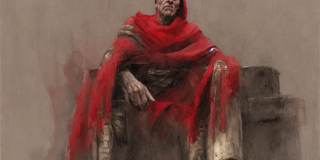 Image similar to the end is near. a tired julius caesar is sitting on his throne. face is highly detailed. splices of red are running down his toga. mist. color scheme red. low angle medium shot. imagined by jeremy lipking