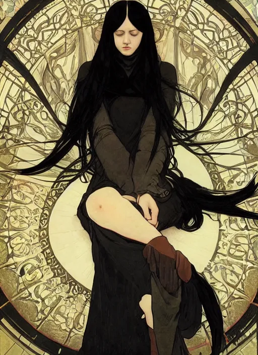 Image similar to a lonely young girl with straight long black hair wearing black dress that sitting on bathroom floor, art by artgem, greg rutkowski and alphonse mucha