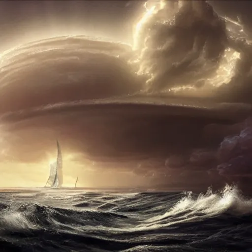 Image similar to Rendering of a scene of Noah’s ark atop a wave on a stormy ocean, on a ringworld, ringworld rising up from the horizon, dark effect, trending on cgsociety and unreal engine, highly detailed，super wide angle