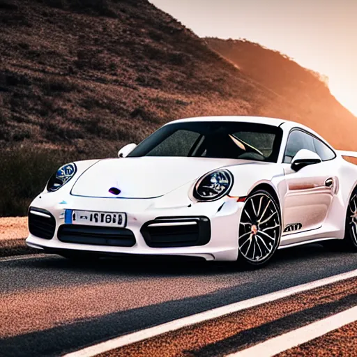 Prompt: 2 0 1 8 white porsche 9 1 1 racing on a highway, golden hour, 4 k photography, car photography, high detail