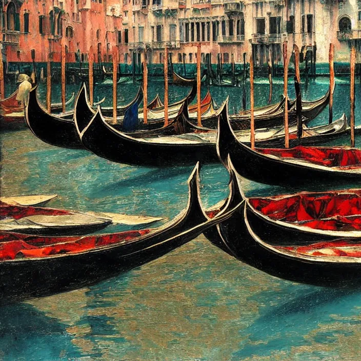 Image similar to venetian gondolas in the style of vrubel, pastel colors, chiaroscuro, bleached colors, cold shades, perfect beautiful, palette knife