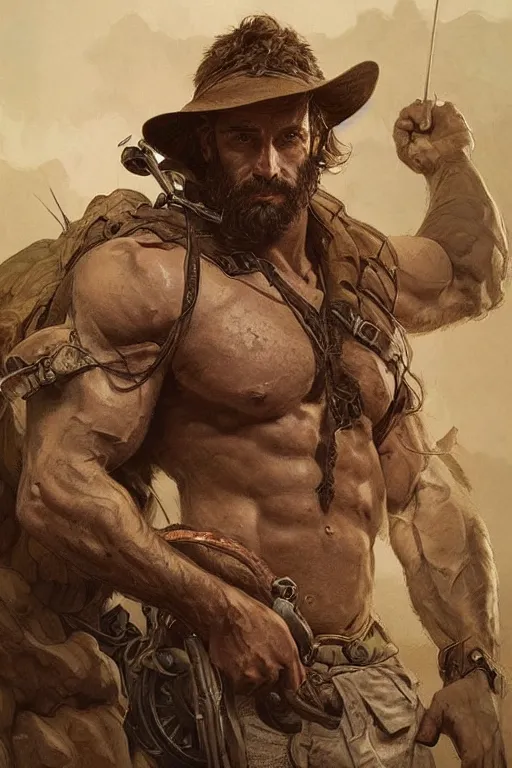 Prompt: portrait of a rugged ranger, muscular, handsome, upper body, hairy torso, D&D, fantasy, intricate, elegant, highly detailed, digital painting, artstation, concept art, smooth, sharp focus, illustration, art by artgerm and Greg Rutkowski and Alphonse Mucha
