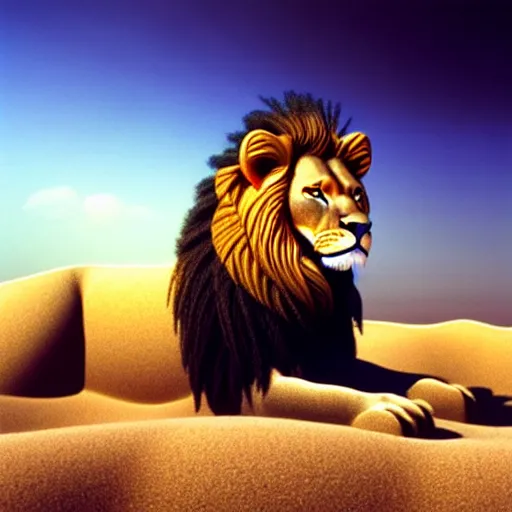 Image similar to lion made of rainbow sand, volumetric light, cinematic, extremely detailed, cgi, trending on artstation, hyper realistic, hd wallpaper, sharp, michael whelan, ted nasmith