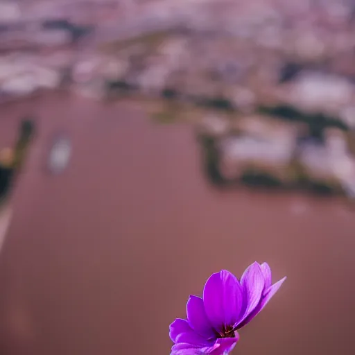 Image similar to closeup photo of one purple flower petal flying above a city, aerial view, shallow depth of field, cinematic, 8 0 mm, f 1. 8