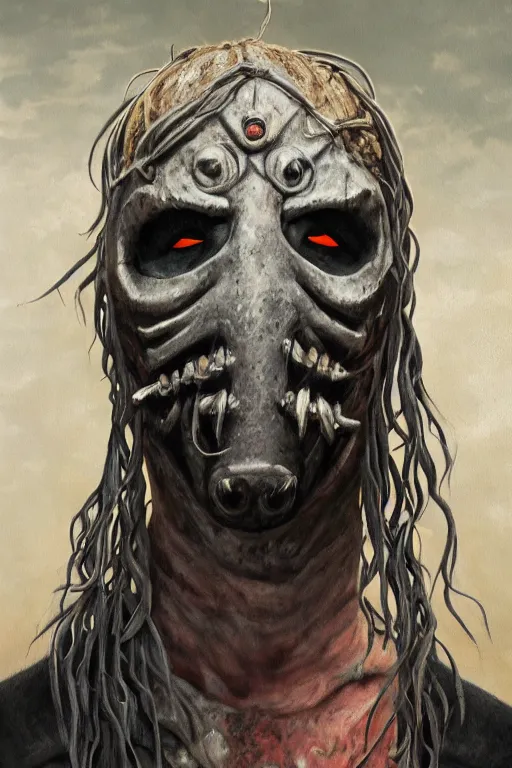 Image similar to a full body high detail fantasy portrait oil painting illustration of slipknot band by justin sweet with face and body clearly visible, in a scenic background, insane, realistic proportions, d & d, rpg, forgotten realms, artstation trending, high quality, sombre mood, artstation trending, muted colours, entire person visible!