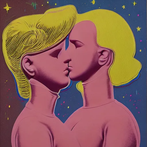 Prompt: portrait of two astro grils in tight latex suit kissing each other by Andy warhol and Petros Afshar and Beeple, Edward Hopper and James Gilleard, Zdzislaw Beksinski, Mark Ryden, Wolfgang Lettl highly detailed