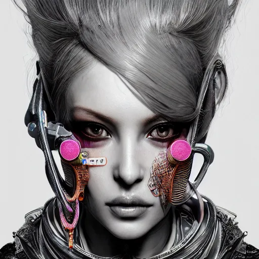 Image similar to the portrait of an absurdly beautiful, graceful, elegant, sophisticated, fashionable cyberpunk gravure idol, an ultrafine hyperdetailed illustration by kim jung gi, irakli nadar, intricate linework, bright colors, porcelain skin, unreal engine 5 highly rendered, global illumination, radiant light, detailed and intricate environment