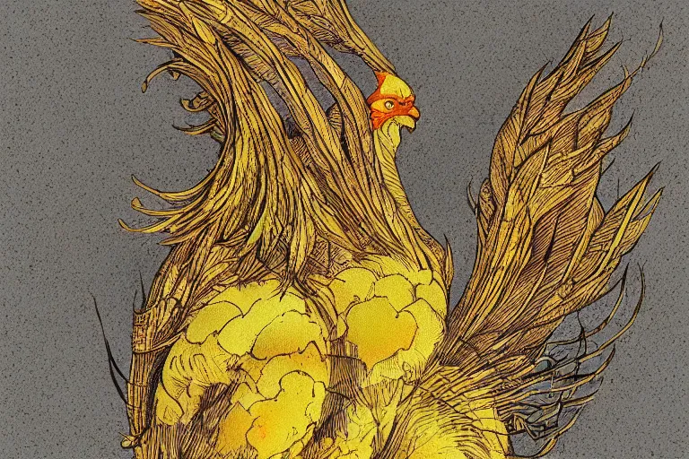 Image similar to portrait of the phoenix of the yellow potato garden, in the style of Greg Broadmore and Arthur Rackham,trending on artstation, light lighting side view,digital art,surrealism ,macro,blueprint ,vaporwave ,