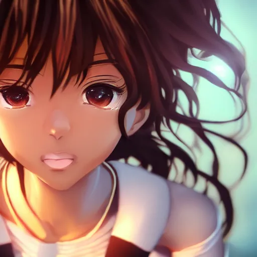 Image similar to a beautiful 3d brown anime girl, brown skin, long black curly hair, Cinematic lighting, anime masterpiece, highly detailed, Trending on artstation, unreal engine 4k, Cinematic wallpaper