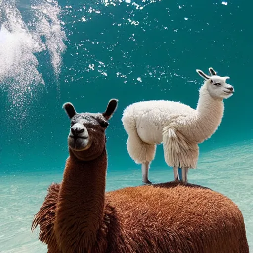 Prompt: llama surfing on an ocean made of space