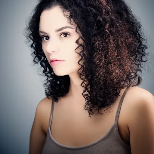 Image similar to portrait of a young lady with curly black hair with, round face, big brown eyes, volumetric lighting,