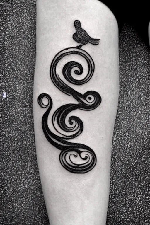 Image similar to a simple tattoo design of birds flying in a 8 spiral, black ink, logo