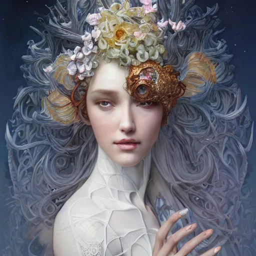 Image similar to a photograpic portrait of a anthropomorphic mimosa wearing white clothes, fantasy, intricate, elegant, highly detailed, digital painting, artstation, concept art, smooth, sharp focus, illustration, art by artgerm and H R Giger and alphonse mucha