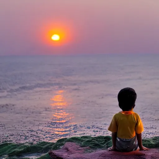 Image similar to a young baby girl sitting in mumbai watching the sunset