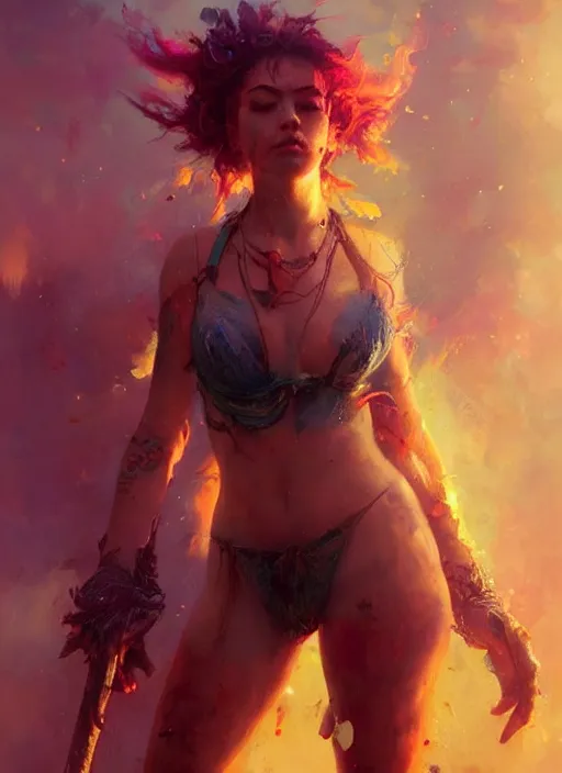 Image similar to hyper realistic photography of festival warrior curvy partygirl saturated colors, cinematic, vallejo, frazetta, greg rutkowski, royo, rowena morrill, juan gimenez