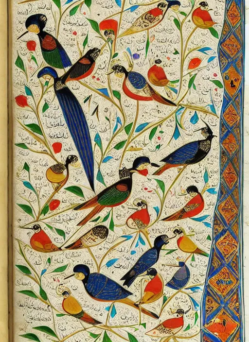 Image similar to the conference of the birds, persian miniature illustration of birds gathered around a hoopoe, highly detailed illustration, illustrated persian manuscript, metropolitan museum of modern art, habiballah of sava, intricate, elegant