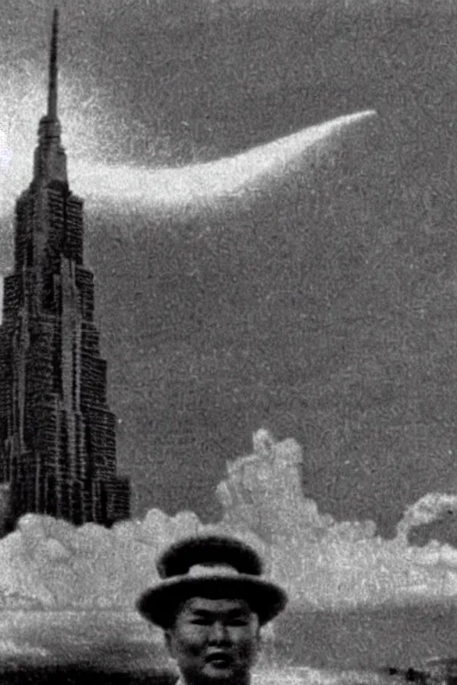 Prompt: a communist propaganda poster of Kim Jong-il and Starro Kaiju monster destroying Pyongyang, in Godzilla (1954) by Ishirō Honda, traditional Korean city, palace, epic ultrawide shot, cinémascope