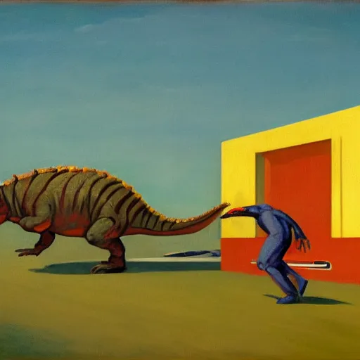 Image similar to painting of the extinction of the dinosaurs with asteroid and fire, in the style of edward hopper