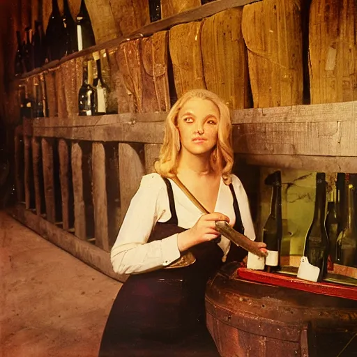 Image similar to hot blonde working in a wine cellar, food, pork, beer, schnapps, rustic, traditional, torches on the wall, delicate embellishments, painterly, offset printing technique, photographed on kodachrome by brom, robert henri, walter popp