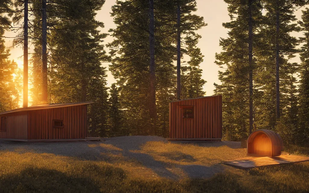 Prompt: finnish sauna architectural visualization, rendered in vray, golden hour, dof, mountainous landscape, pine forest, evermotion, ronen bekerman