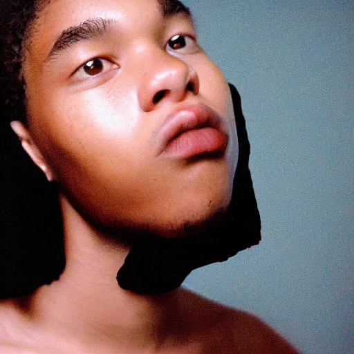 Prompt: realistic! photoshoot for a new acne lookbook, color film photography, portrait of a beautiful model, photo in style of tyler mitchell, 35mm