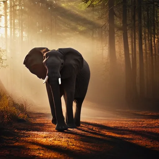 Image similar to An elephant walking in a forest, natural lighting, sunbeams, golden hour, misty atmospherics