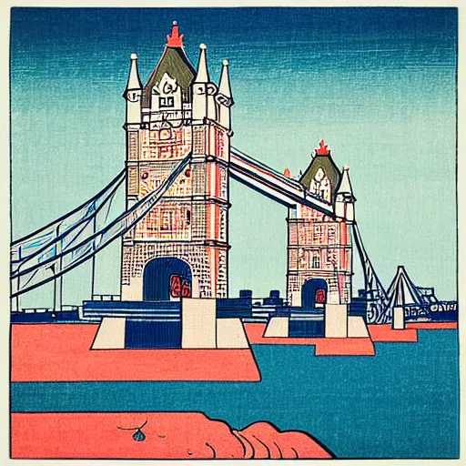 Image similar to “ tower bridge in london city in the style of a woodblock print by the japanese ukiyo - e artist hokusai ”