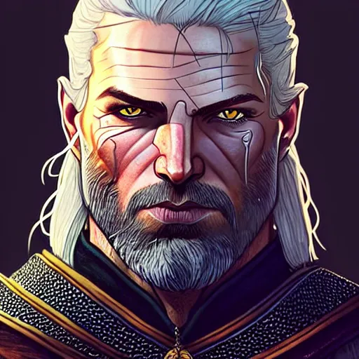 Image similar to rugged male ranger, handsome, D&D, amber eyes, muscular, fantasy, intricate, elegant, highly detailed, Witcher 3, digital painting, artstation, concept art, smooth, sharp focus, illustration, art by artgerm and greg rutkowski and alphonse mucha