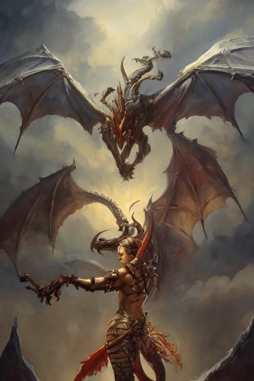 Image similar to A beautiful oil painting of a dragon, by Lucas Graciano, Frank Frazetta, Greg Rutkowski, Boris Vallejo, epic fantasy character art, goddess of war, fantasy armor, Exquisite detail, post-processing, low angle, masterpiece, cinematic