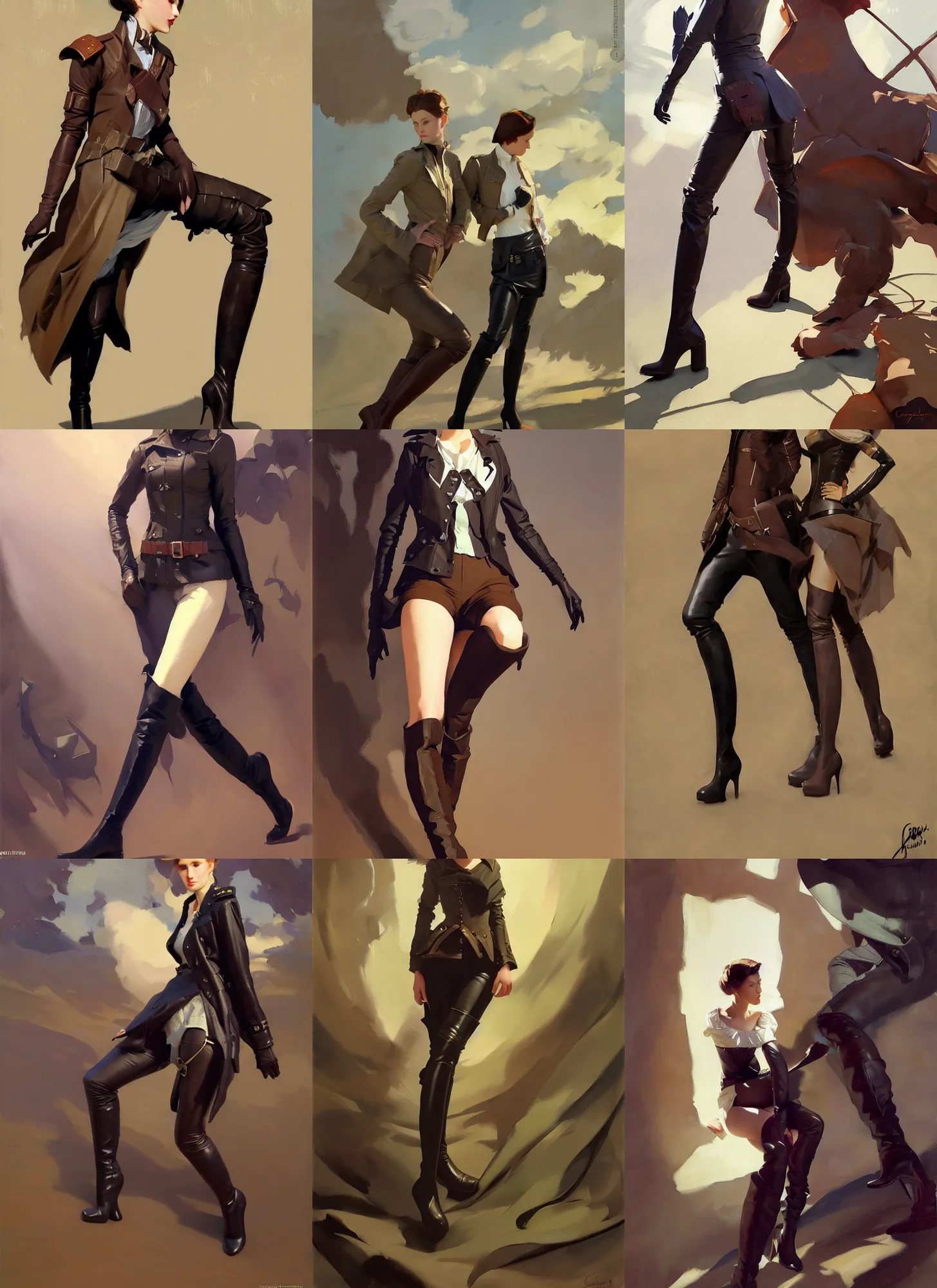 Prompt: cloth fabric jodhpurs knee high boots leather jacket fashion, greg manchess painting by sargent and leyendecker, studio ghibli, fantasy, medium shot, asymmetrical, intricate, elegant, matte painting, illustration, hearthstone, by greg rutkowski, by greg tocchini, by james gilleard, by joe fenton