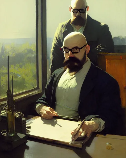 Prompt: a bald hacker with a moustache and glasses at the computer. fantasy art by greg rutkowski, gustave courbet, rosa bonheur, edward hopper. faithfully depicted facial expression, perfect anatomy, sharp focus, global illumination, radiant light, detailed and intricate environment, trending on artstation