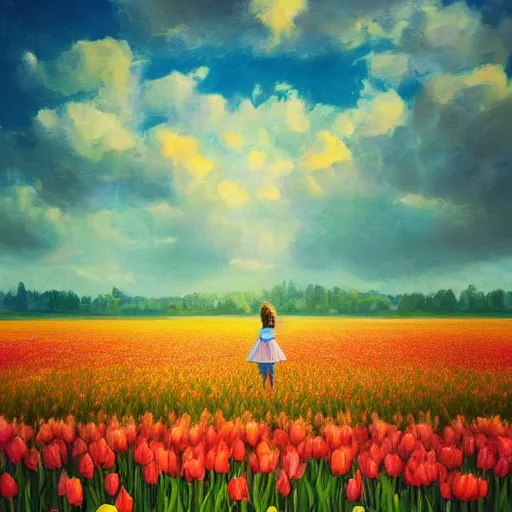 Image similar to large tulip head, girl standing in a flower field, surreal photography, sunrise dramatic light, impressionist painting, colorful clouds, digital painting, artstation, simon stalenhag