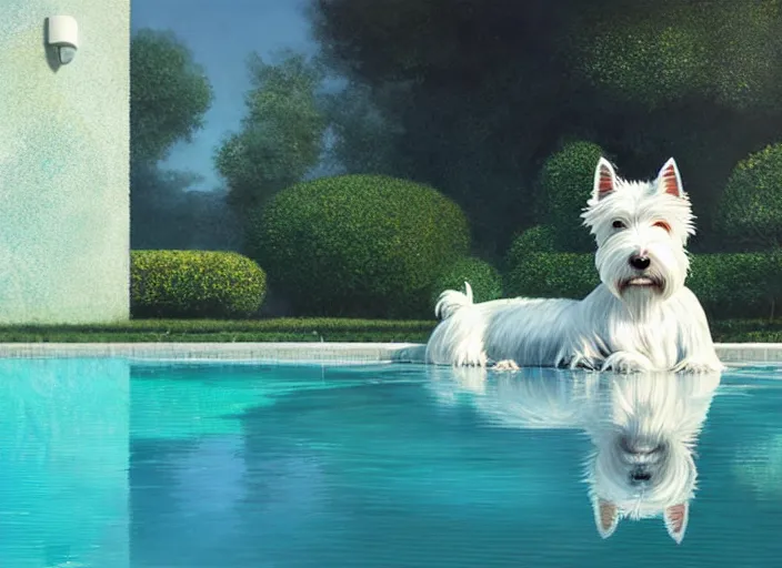 Image similar to west highland white terrier sitting by a pool, bright, reflections, intricate, sharp focus, lens flare, bloom, illustration, highly detailed, digital painting, concept art, matte, art by ruan jia and wlop and greg rutkowski, masterpiece